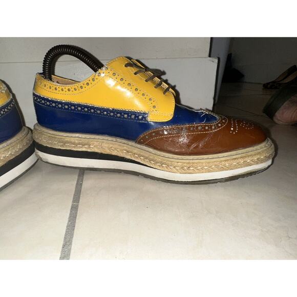 Prada Men's Shoes Brogue Us 9 Patent Leather Yellow Blue Wingtip Oxford M169 - Picture 7 of 16